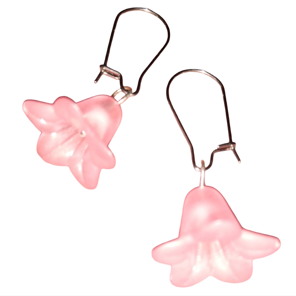 Pink Flower Blossom Dangle Charm Earrings Flowers Floral Stainless Steel Wires